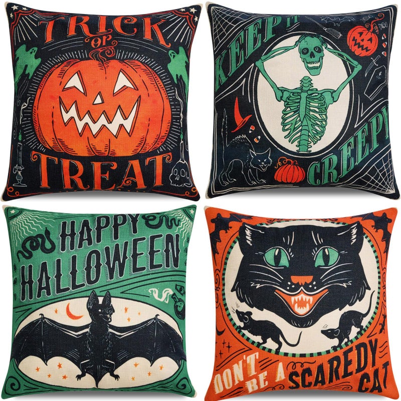 Hongsome Vintage Halloween Decor-Throw Pillow Covers 18x18 in set of 4 Retro Linen Pillow Case with Scaredy Cats Pumpkins Skull Bats for Couch Fall Holiday Outdoor Burnt Orange Green Black Decorations - Image 1